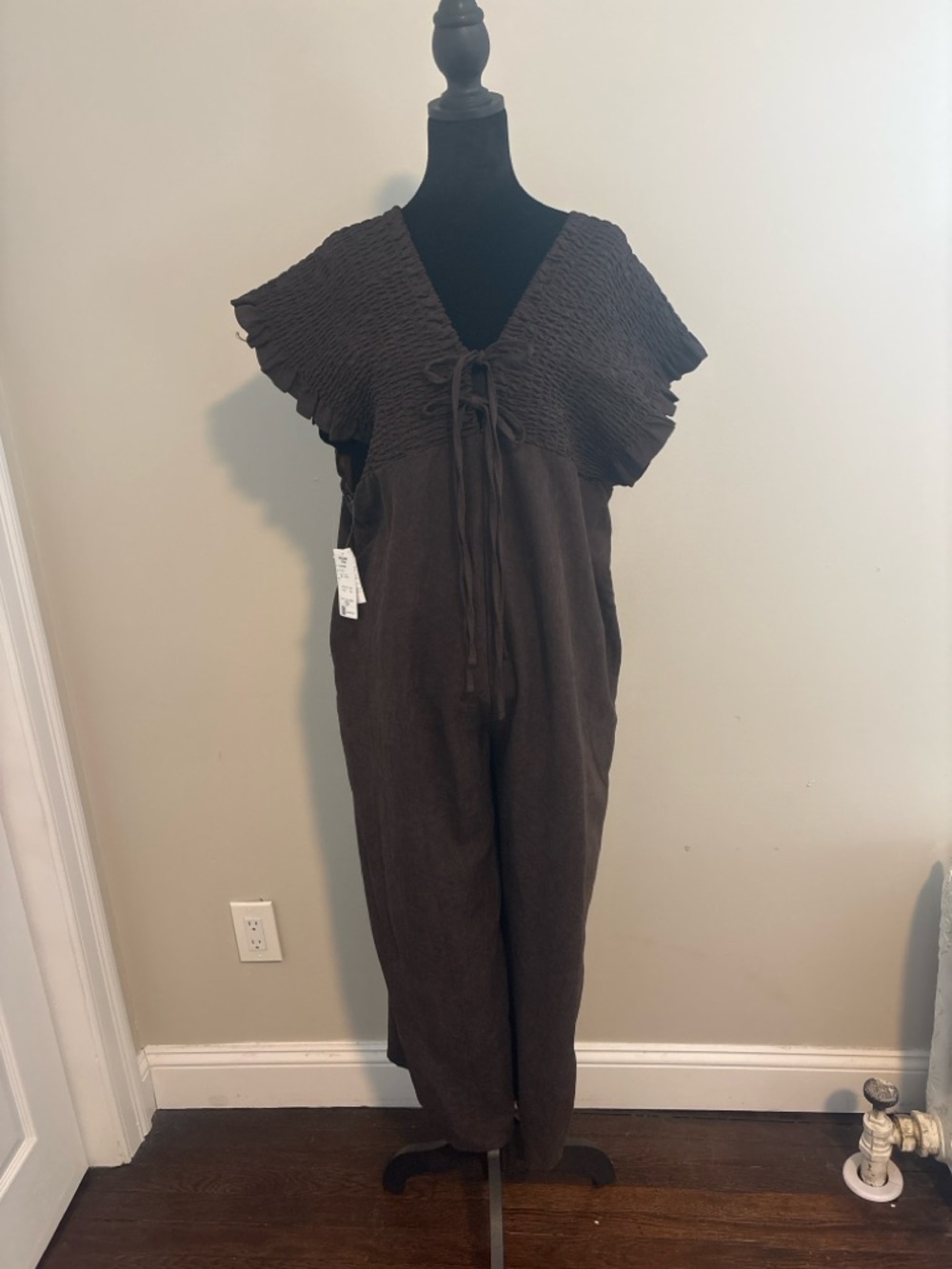 Palemo Japan Brown Smocked Jumpsuit Wide Leg Boho Minimalist Ruffle Sleeve NWT